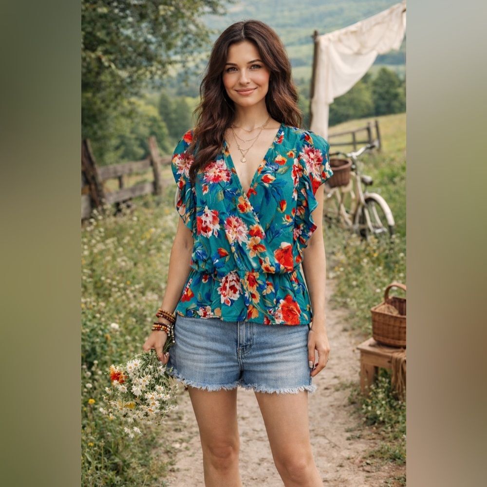 Vine & Love Green Floral Ruffled Short Sleeve Multicolored Print Top Blouse